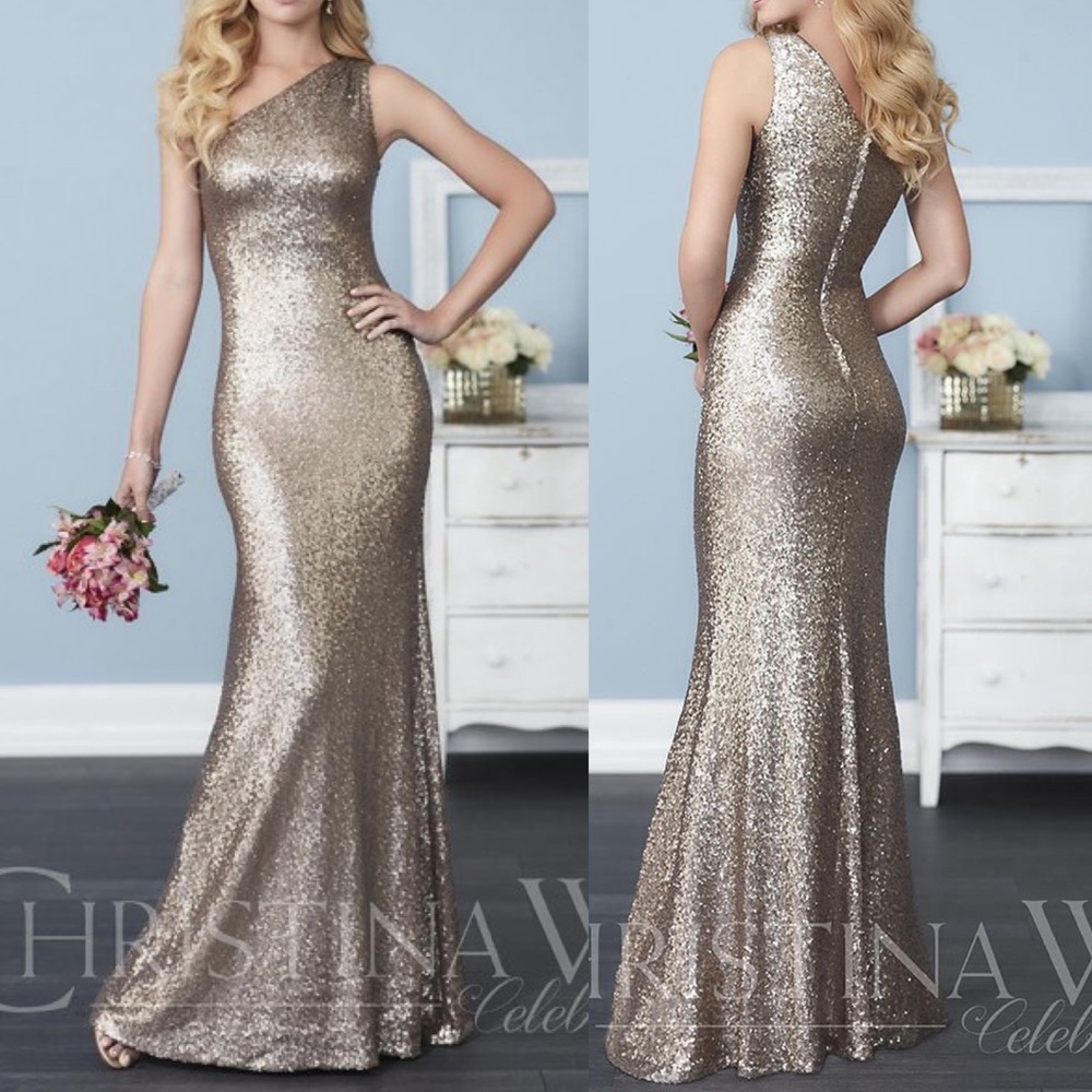 Christina Wu One Shoulder Sequin Gown Gold Sz 4